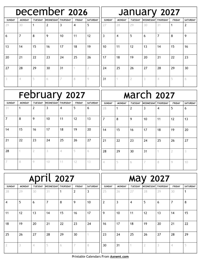 December 2026 to May 2027 Calendar