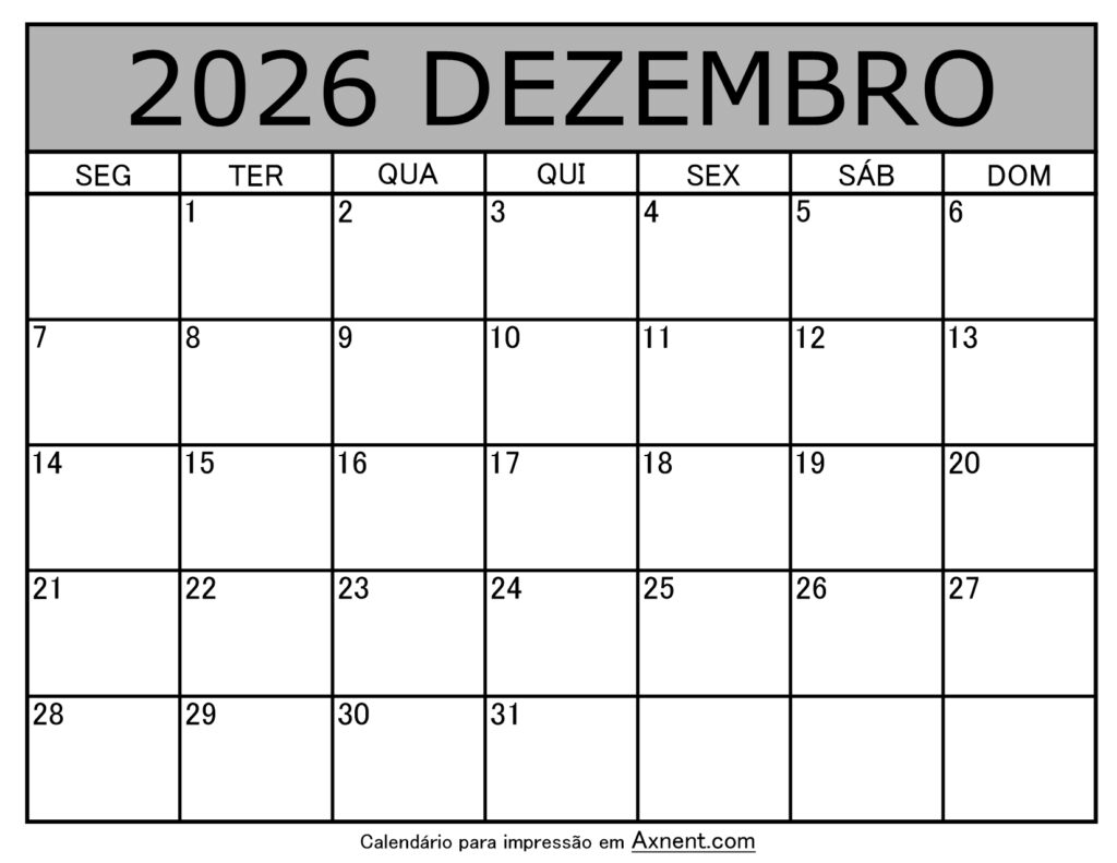 Dezembro De 2026 Calendario Imprimível