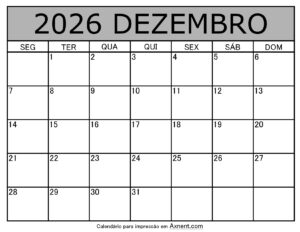 Dezembro De 2026 Calendario Imprimível
