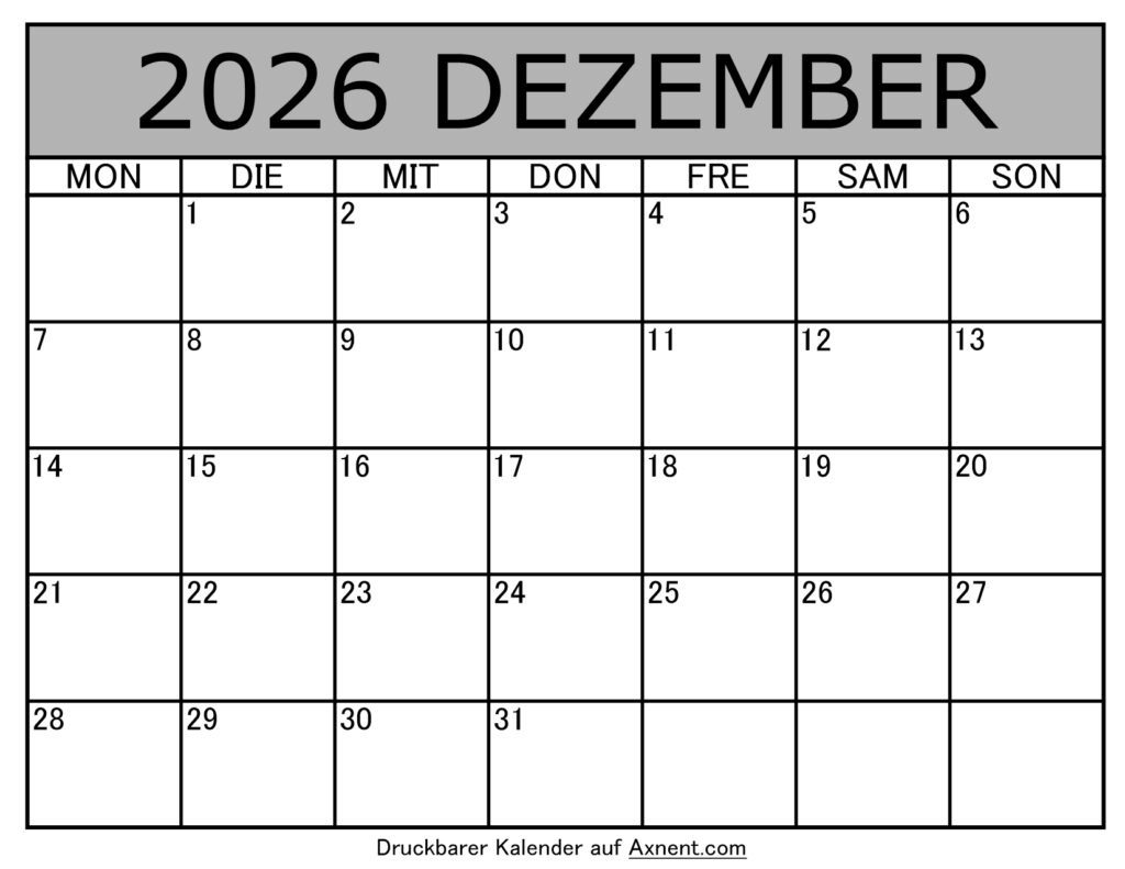 Kalender Dezember 2026 zum Ausdrucken