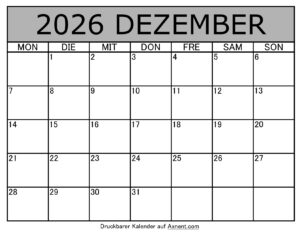 Kalender Dezember 2026 zum Ausdrucken