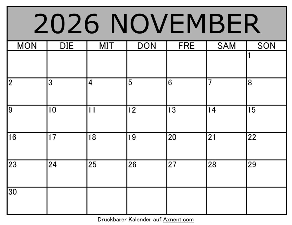 Kalender November 2026 zum Ausdrucken