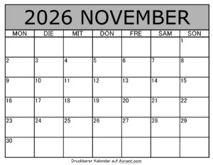 Kalender November 2026 zum Ausdrucken