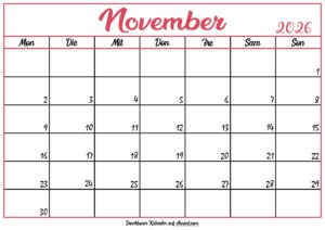 Monatskalender November 2026