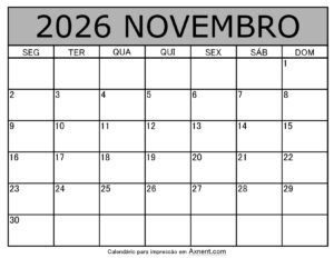 Novembro De 2026 Calendario Imprimível