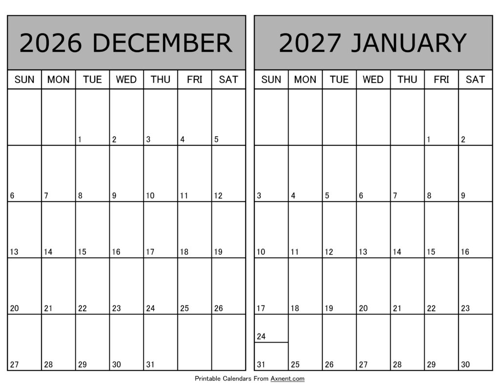 Printable December 2026 January 2027 Calendar