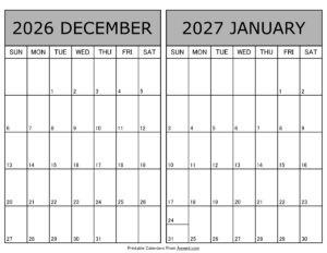 Printable December 2026 January 2027 Calendar