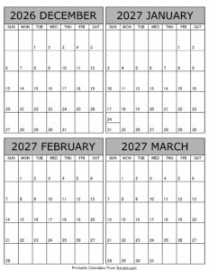 Printable December 2026 to March 2027 Calendar