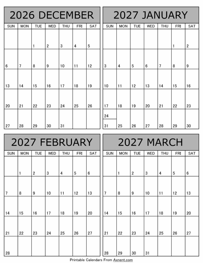 Printable December 2026 to March 2027 Calendar