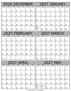 Printable December 2026 to May 2027 Calendar