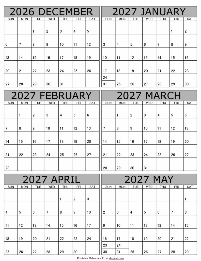 Printable December 2026 to May 2027 Calendar