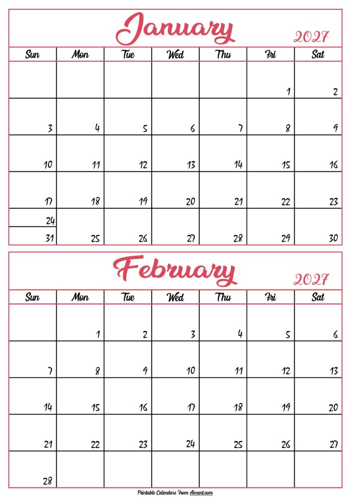 Calendar 2027 January February