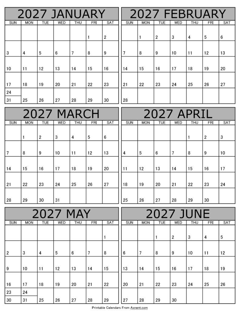 Calendar 2027 January to June