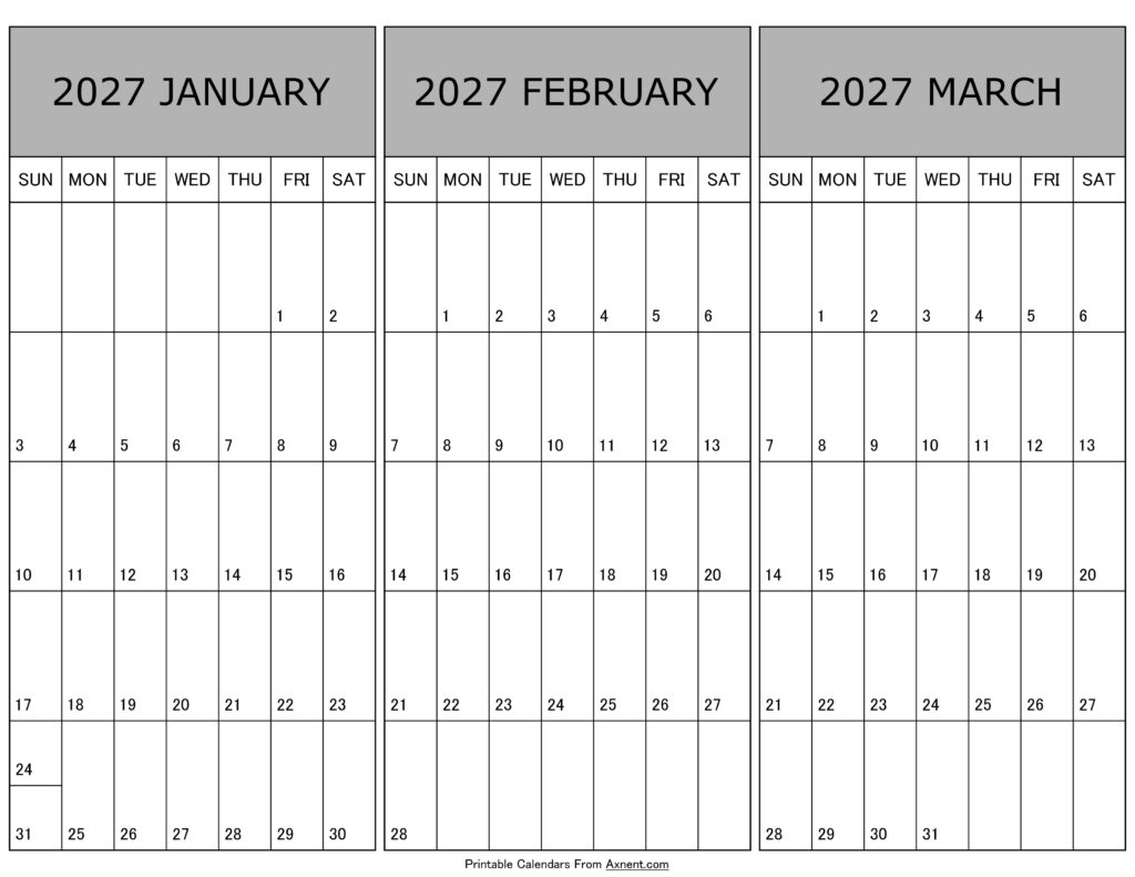 Calendar January February March 2027