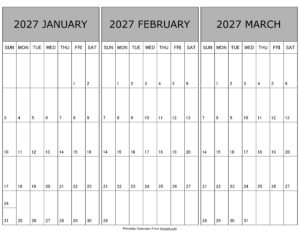 Calendar January February March 2027