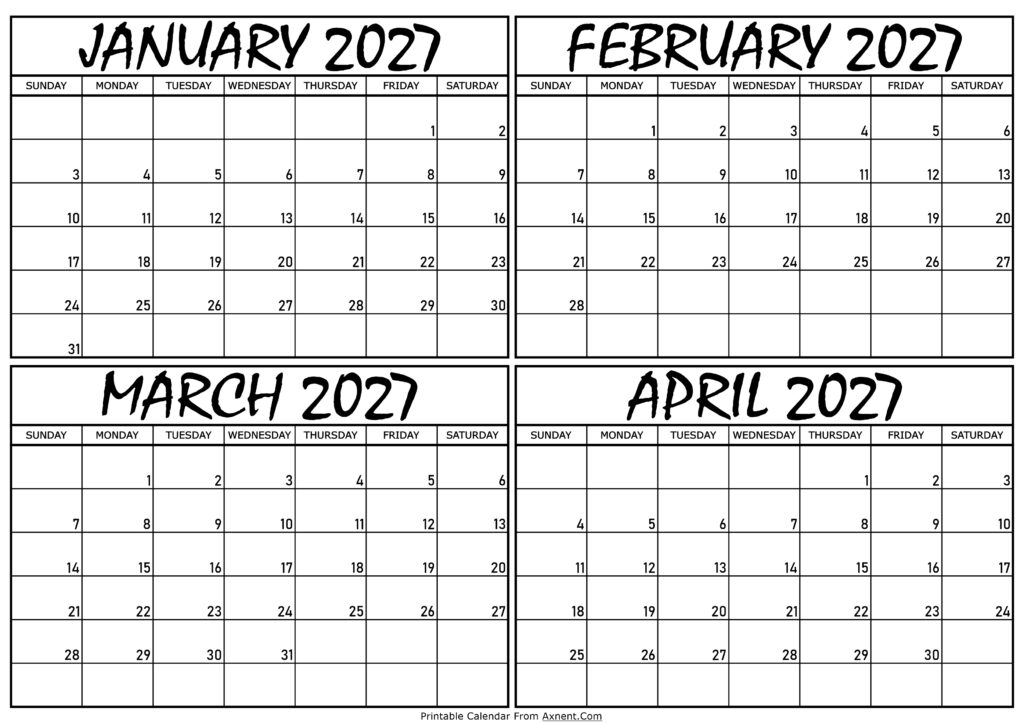 Calendar January to April 2027