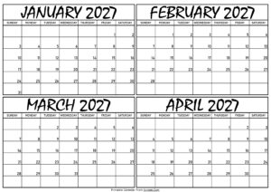 Calendar January to April 2027