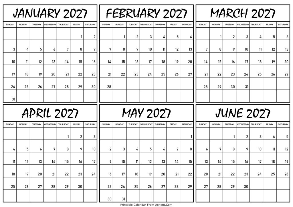 Calendar January to June 2027
