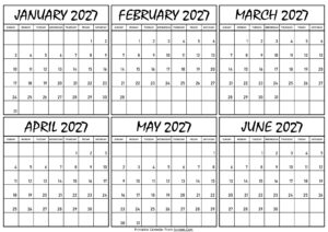 Calendar January to June 2027