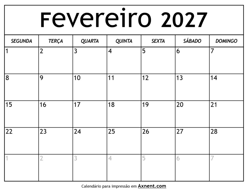 Calendário De Fevereiro De 2027