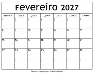 Calendário De Fevereiro De 2027