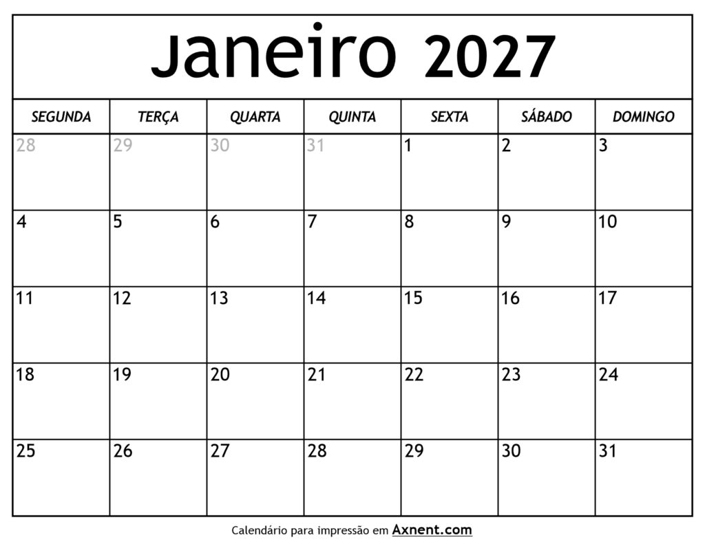 Calendário De Janeiro De 2027