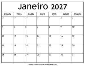 Calendário De Janeiro De 2027