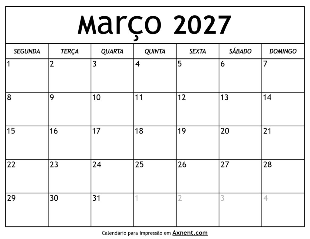 Calendário De Março De 2027