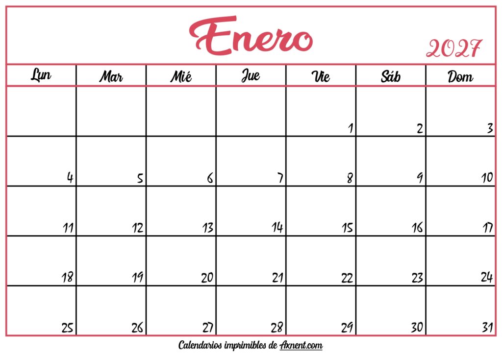 Calendario En Blanco Enero 2027