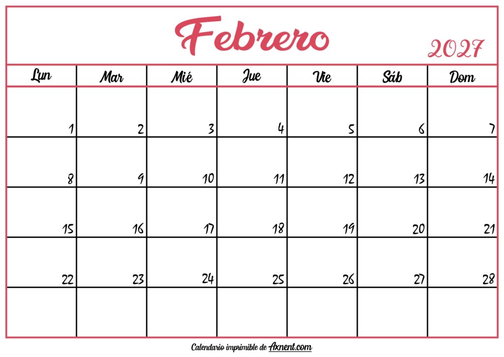 Calendario En Blanco Febrero 2027