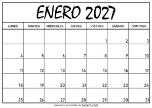 Calendario Enero 2027 Para Imprimir