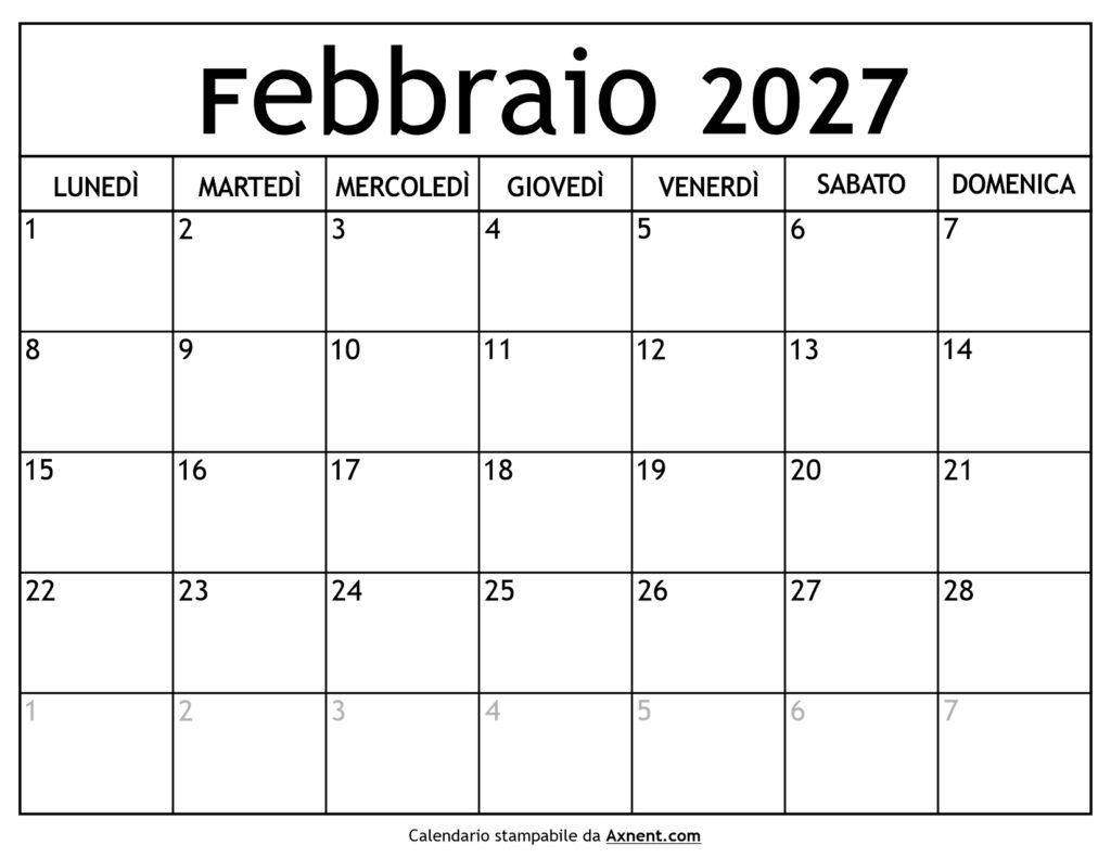 Calendario Febbraio 2027