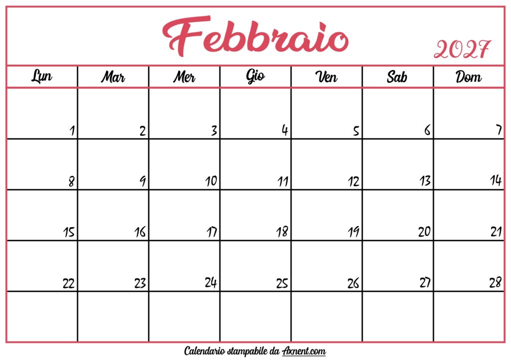 Calendario Febbraio 2027 Stampabile