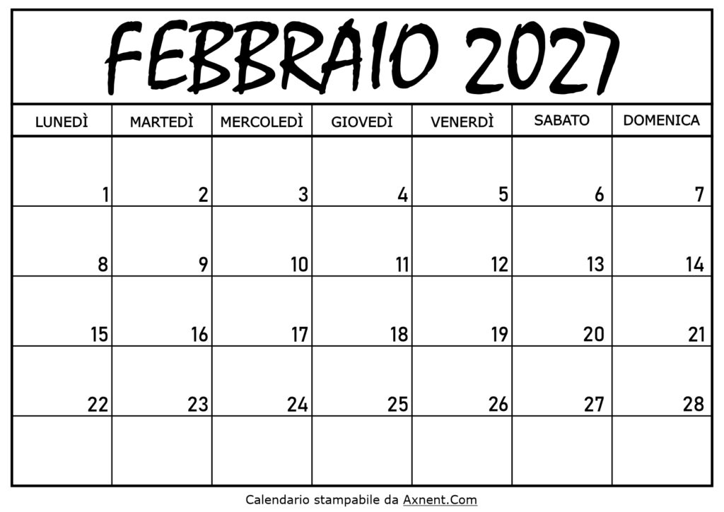 Calendario Febbraio 2027 da Stampare