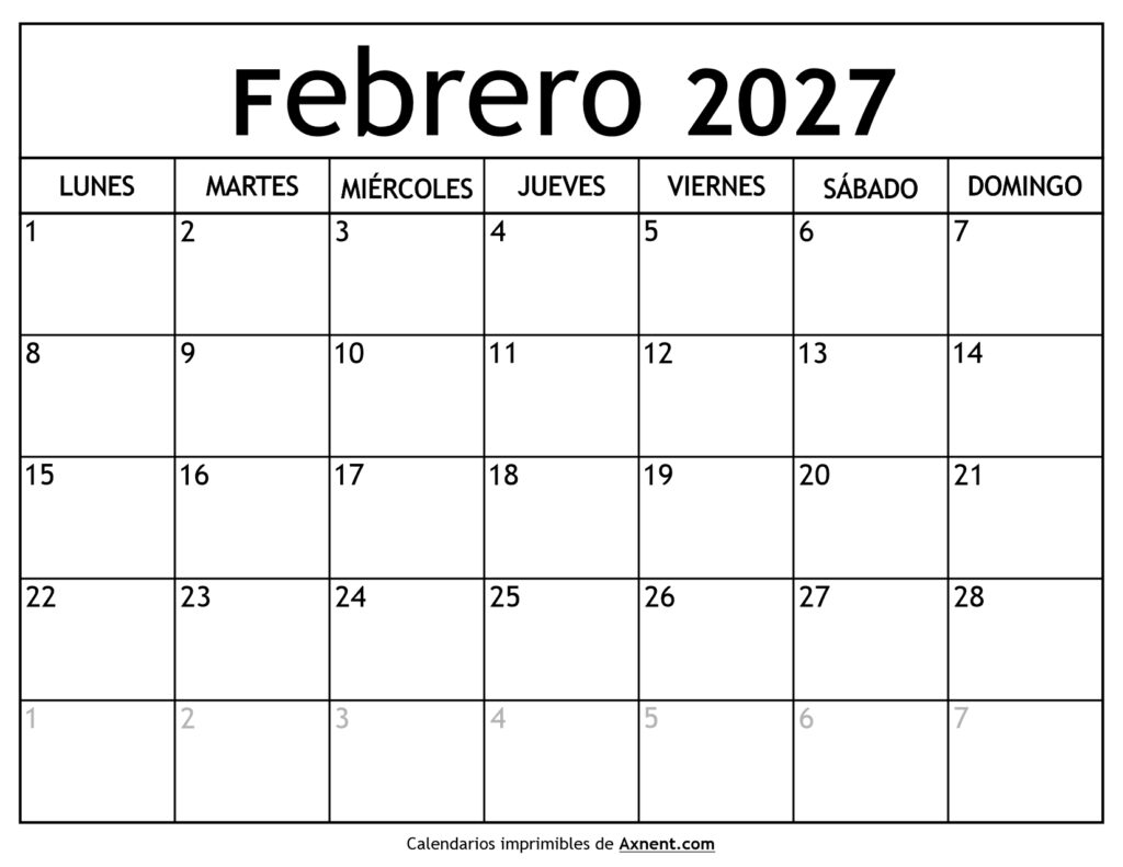 Calendario Febrero 2027