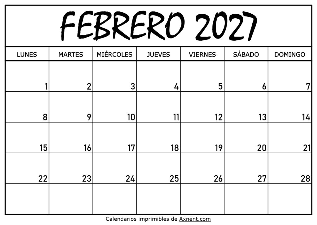 Calendario Febrero 2027 Para Imprimir