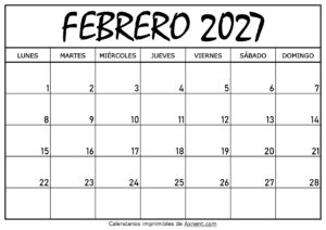 Calendario Febrero 2027 Para Imprimir