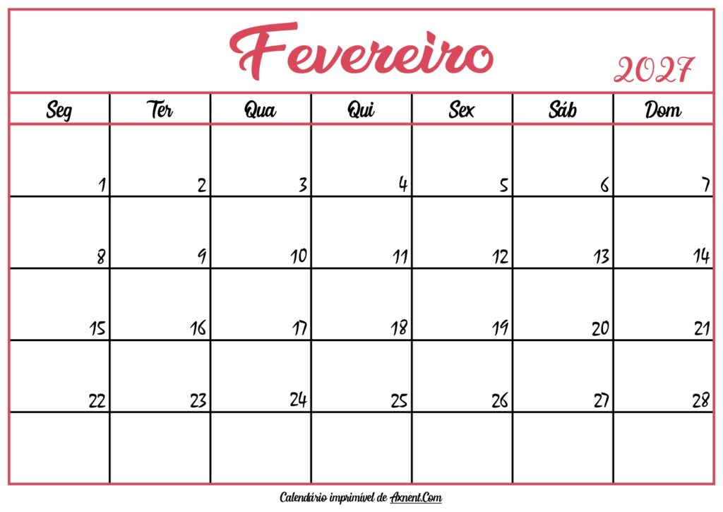 Calendário Fevereiro 2027