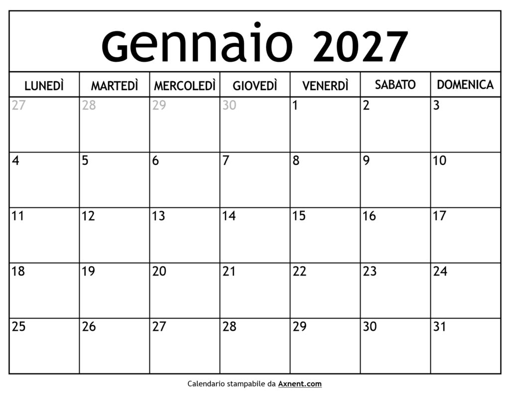 Calendario Gennaio 2027
