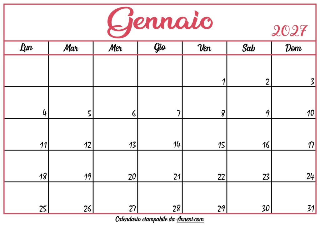 Calendario Gennaio 2027 Stampabile