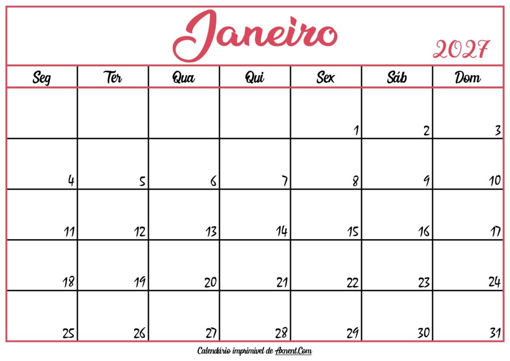 Calendário Janeiro 2027