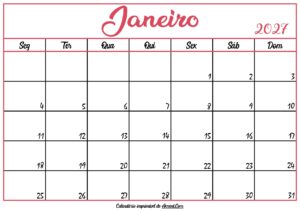 Calendário Janeiro 2027