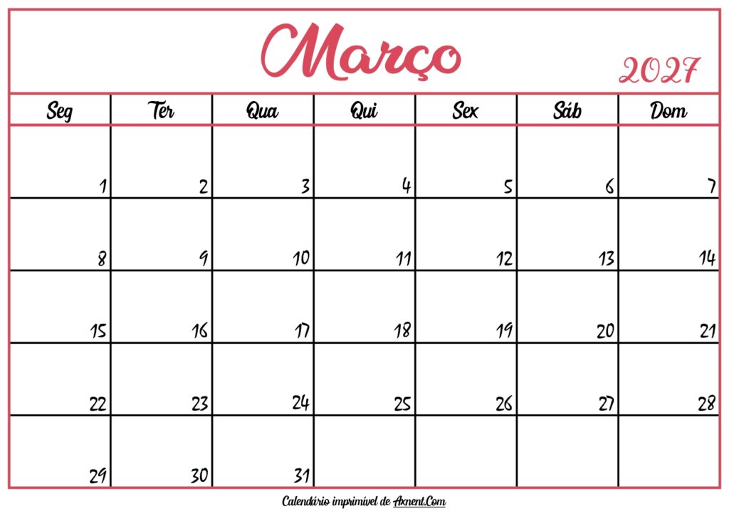 Calendário Março 2027