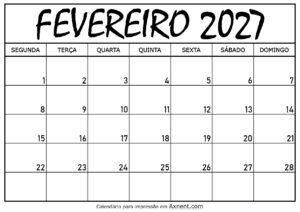 Calendário Mensal Fevereiro 2027