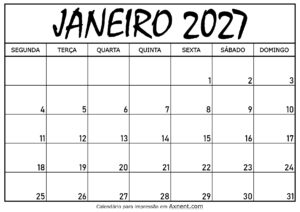 Calendário Mensal Janeiro 2027