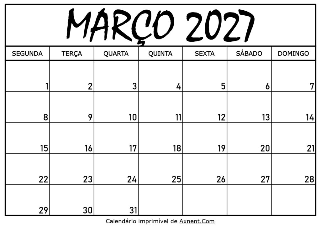 Calendário Mensal Março 2027