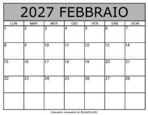 Calendario Mensile di Febbraio 2027