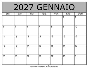 Calendario Mensile di Gennaio 2027