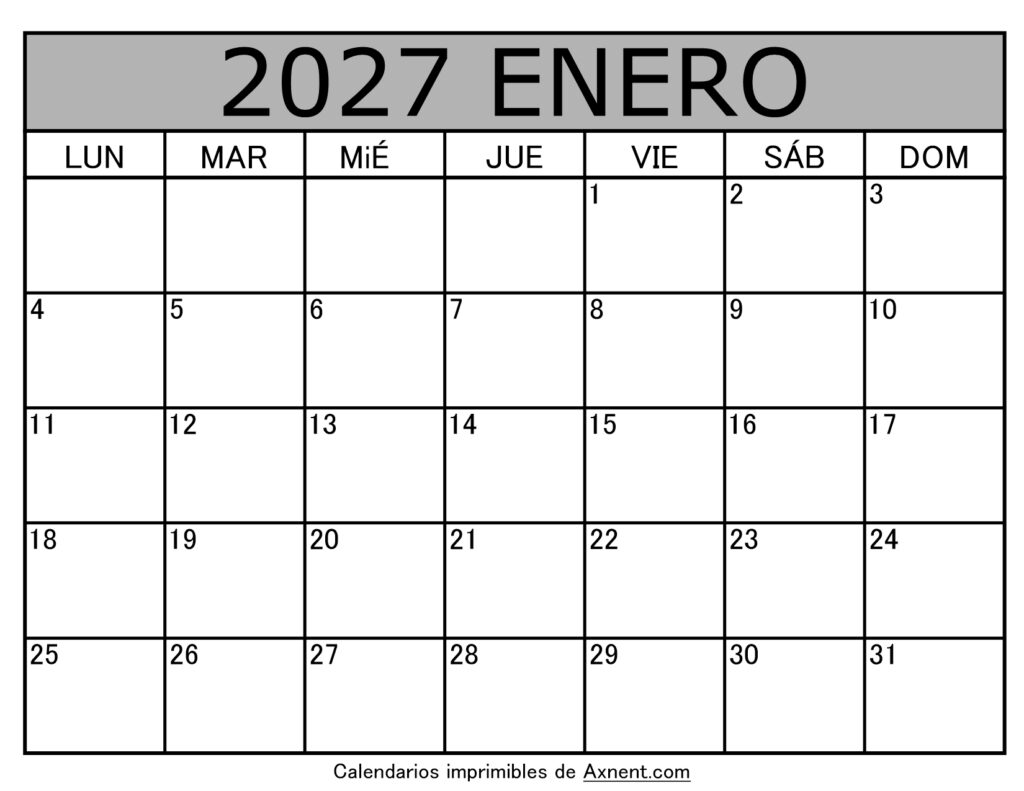Calendario Mensual Enero 2027