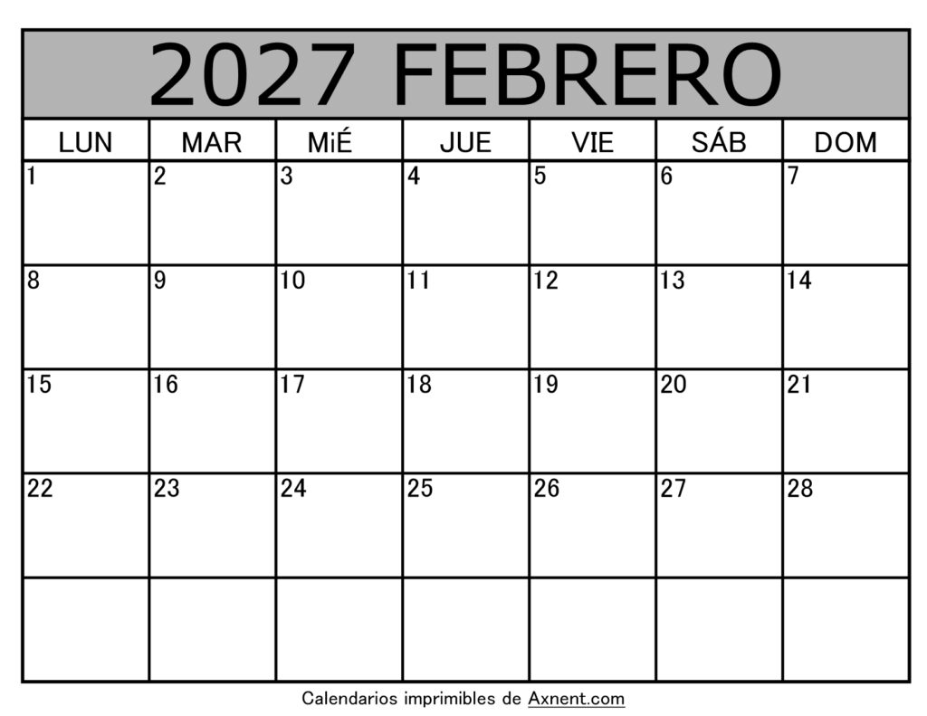 Calendario Mensual Febrero 2027